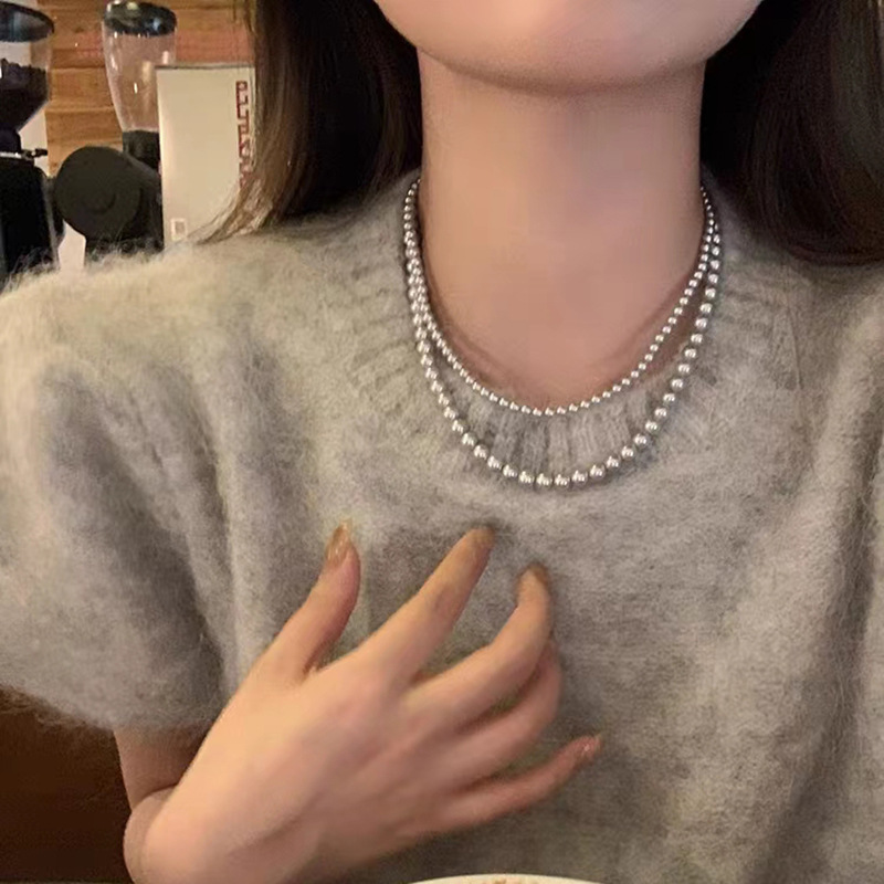 srrmhyn施家法式银灰珍珠项链女叠戴复古冷淡风颈链轻奢高级感锁