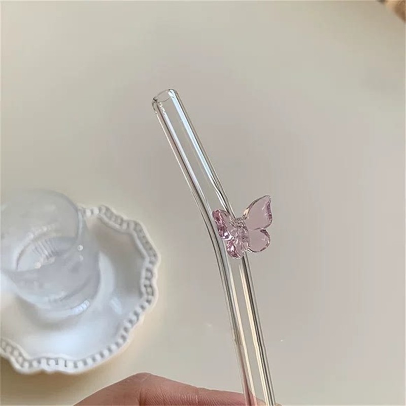 精致彩色蝴蝶玻璃吸管透明ins高颜值可重复使用耐高温弯头牛奶咖