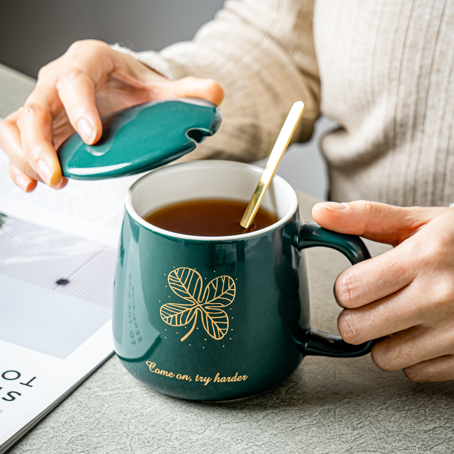 北欧轻奢马克杯带盖勺陶瓷杯子大容量水杯咖啡杯情侣杯办公室茶杯,餐饮具,马克杯,淘宝优惠券,粉丝福利购,淘宝优惠卷