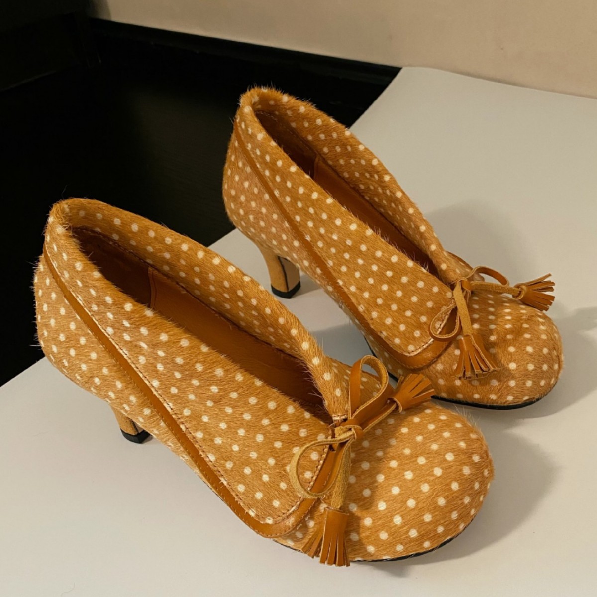 春季新品【现货】法式波点蝴蝶结流苏高跟鞋女粗跟设计感小众马毛