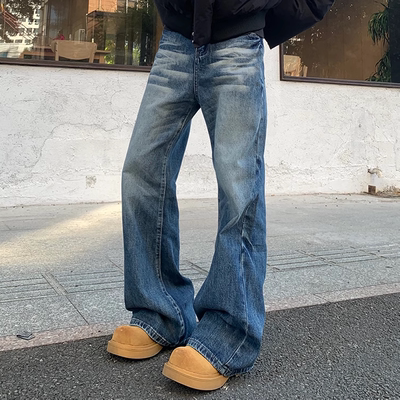 美式复古做旧深蓝微喇显瘦牛仔裤