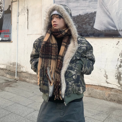 美式迷彩毛领连帽夹克加厚棉服