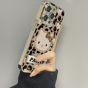 豹纹kt猫适用苹果16promax手机壳iPhone15pro新款14防摔13皮质12男11xsmax女款iphonexr情侣3se2套x78plus