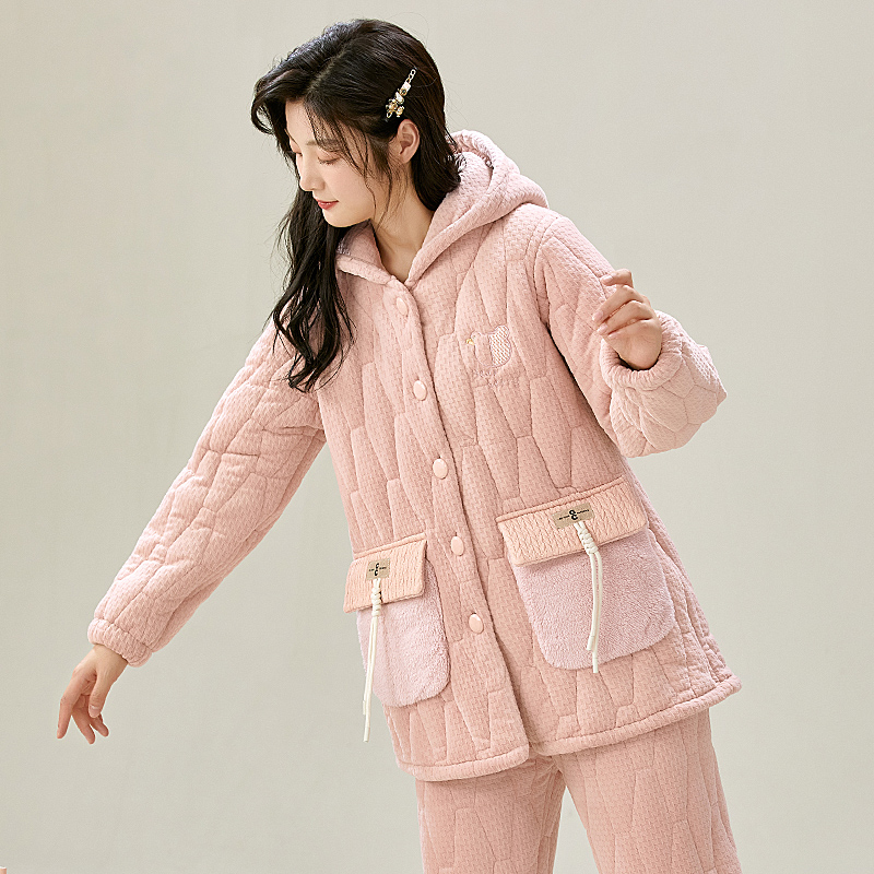 妙泊姿睡衣女加厚珊瑚绒夹棉套装