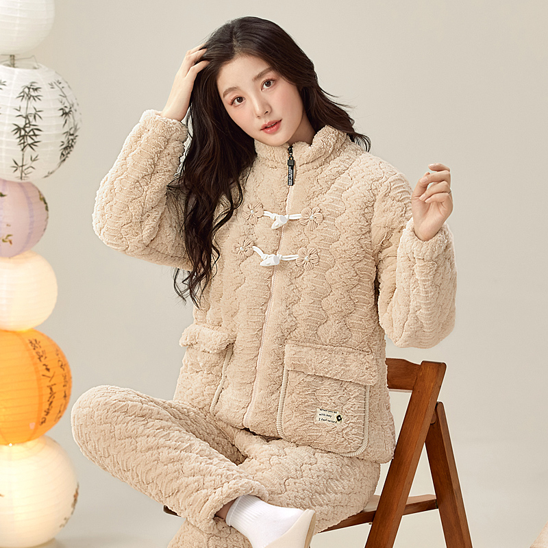 妙泊姿睡衣女加厚珊瑚绒夹棉套装