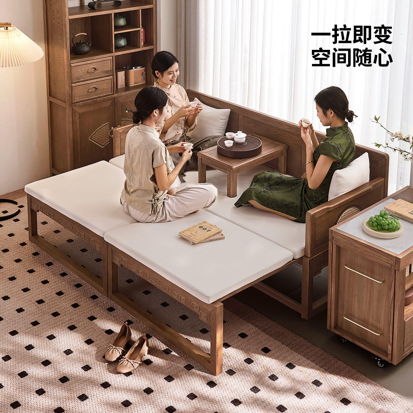 优尚雅轩榆木罗汉床实木沙发床古典花梨红木色伸缩两用单人沙发床