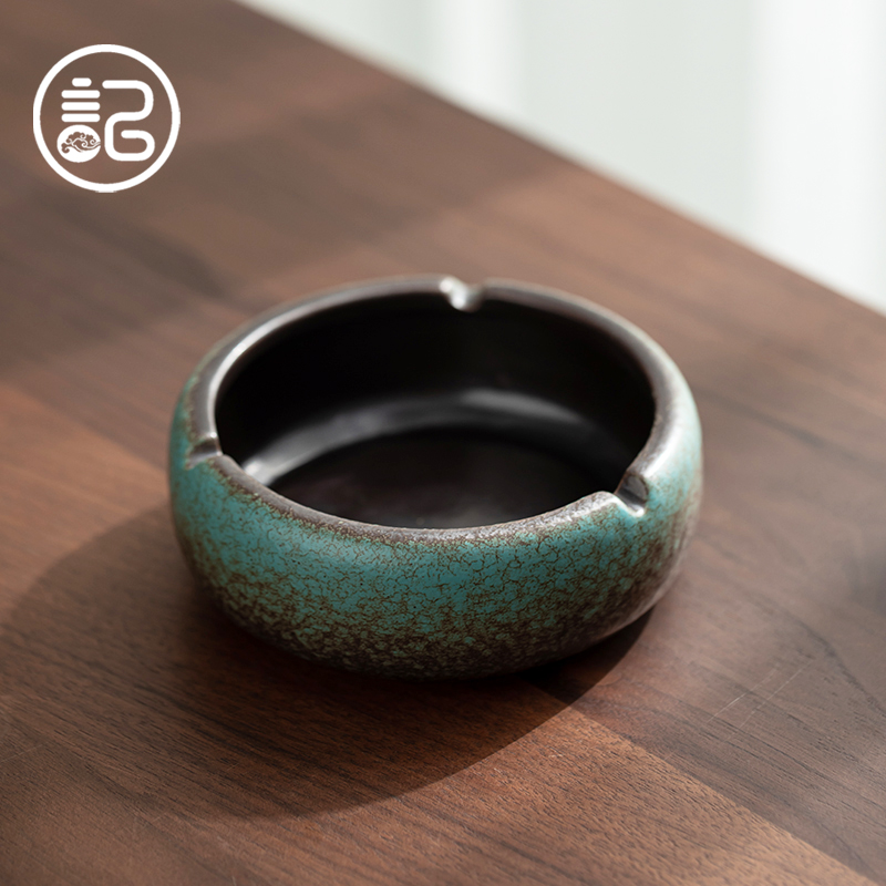 记今朝《孔雀绿》日式复古烟灰缸防风防飞灰陶瓷茶桌办公室家用