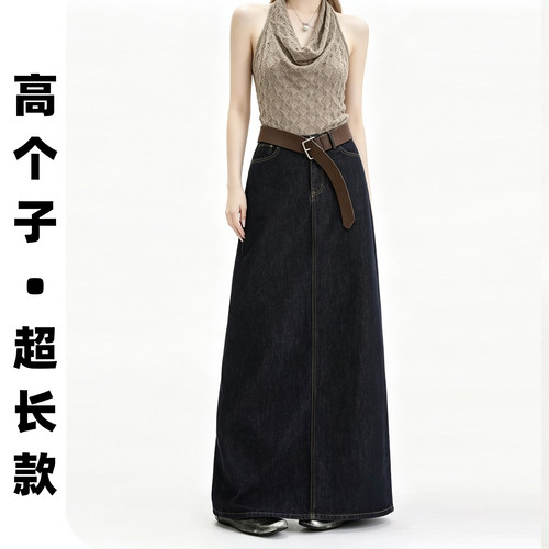 深蓝牛仔高腰A字显瘦半身裙