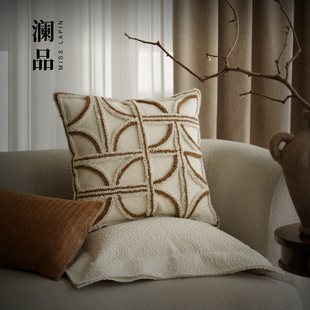 毛绒绣花抱枕客厅沙发靠垫高级感腰枕靠枕套 咖色时尚 澜品 山梵