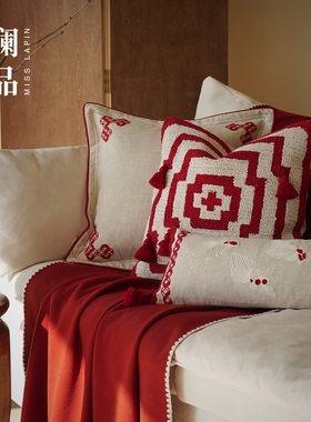 澜品『锦鳞游』国潮棉麻绣花抱枕红色喜庆客厅靠枕沙发毯卧室腰枕
