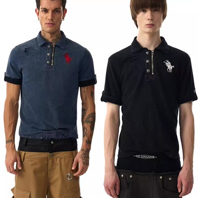 LE LOSANGE莫西干战马刺绣poloT恤贴布华夫格水洗做旧破坏短袖