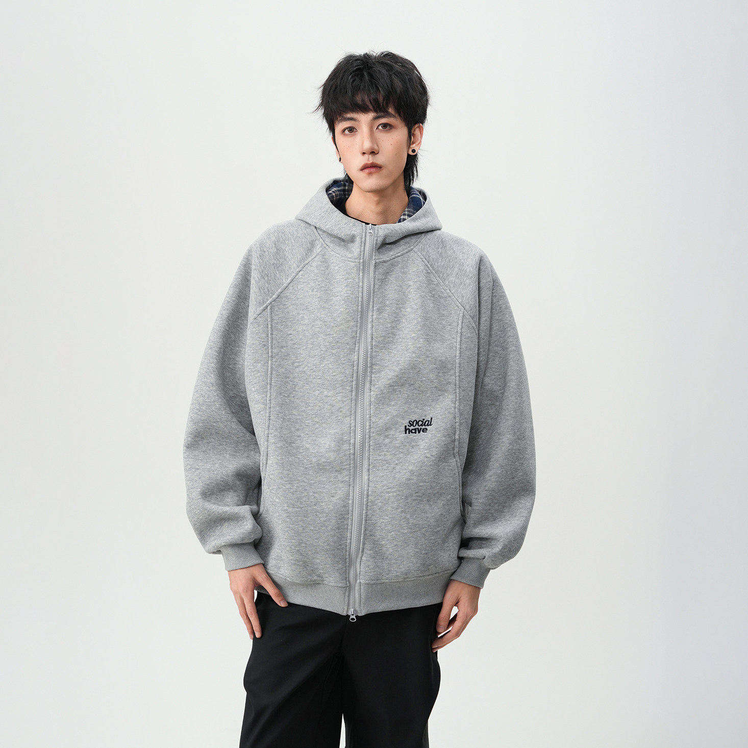 25春季新款410G重磅格子拼接连帽开衫1308KS2554P65,男装卫衣,星座1308