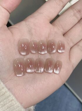 【月桂缪斯】扁平甲款纯手工穿戴甲腮红色晕染猫眼渐变显白美甲