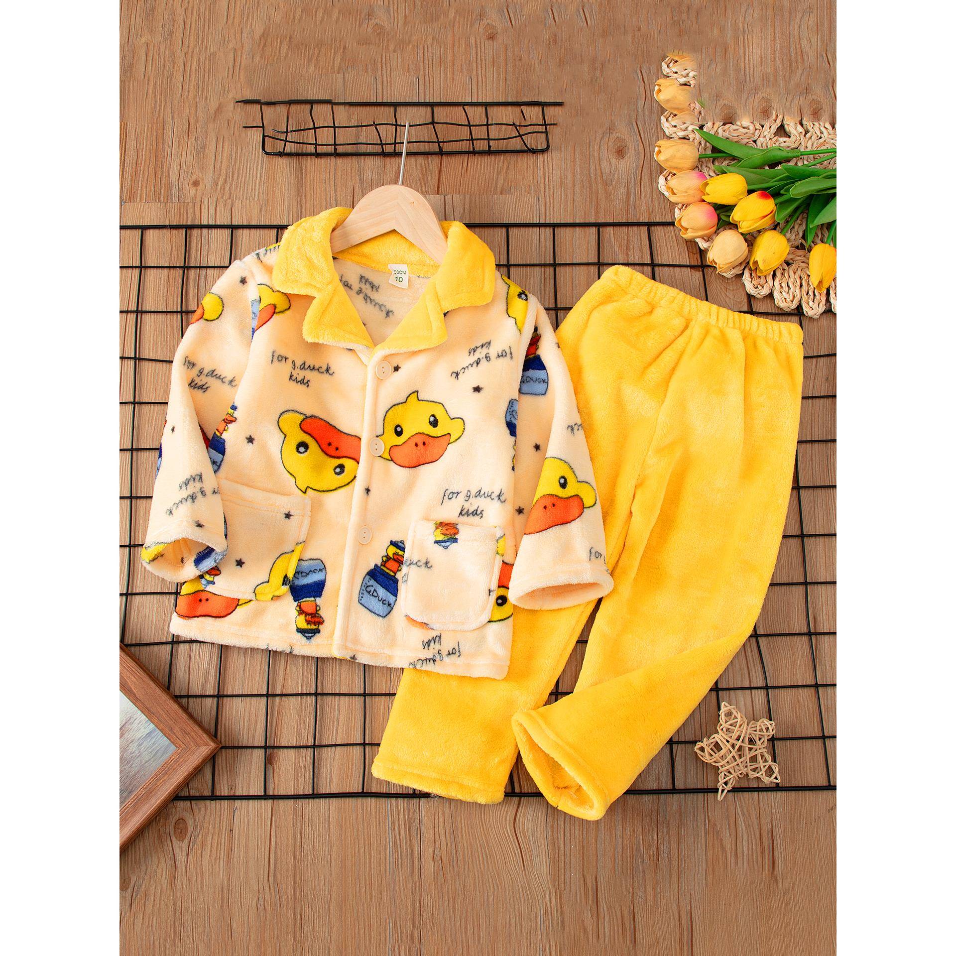 春秋冬季儿童法兰绒睡衣男童女童加厚款珊瑚绒宝宝保暖家居服套装