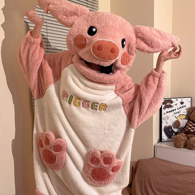 搞怪女士睡衣珊瑚绒加厚加绒春秋冬季卡通懒惰风睡袍女款家居服连