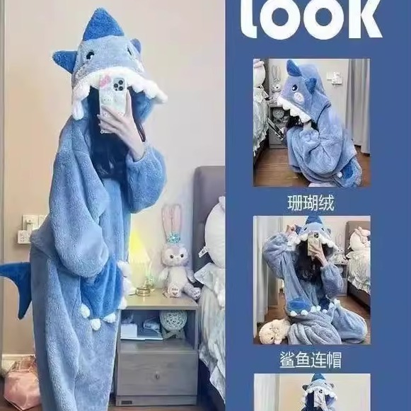 2025睡衣珊瑚绒成人连体鲨鱼睡衣女秋冬季可爱加厚保暖学生可外穿