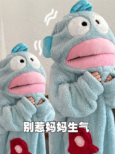 丑鱼睡袍睡衣连体秋冬季珊瑚绒加绒加厚保暖卡通睡袍儿童男女童