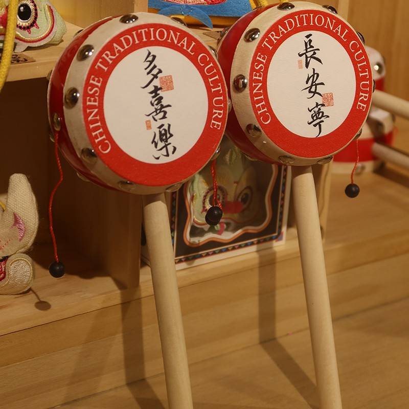 拨浪鼓老式手工戏颜拨浪鼓老式羊皮鼓木质手柄传统手摇铃周岁小孩