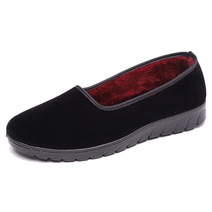 加绒冬季老北京布鞋女一脚蹬套脚工作棉鞋酒店防滑软底保暖黑布鞋