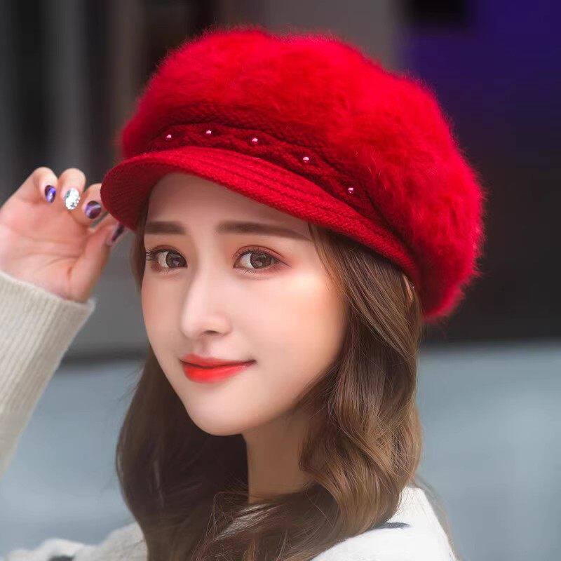 秋冬天女士红帽子时尚加绒兔毛帽冬季珍珠保暖针织贝雷帽气质妈妈
