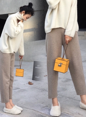 胖mm毛呢裤女秋冬大码200斤宽松显瘦九分哈伦直筒网红奶奶萝卜裤