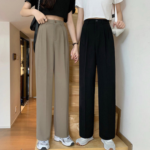 胖mm西装裤女春秋新款大码200斤宽松垂感休闲裤直筒卡其色拖地裤