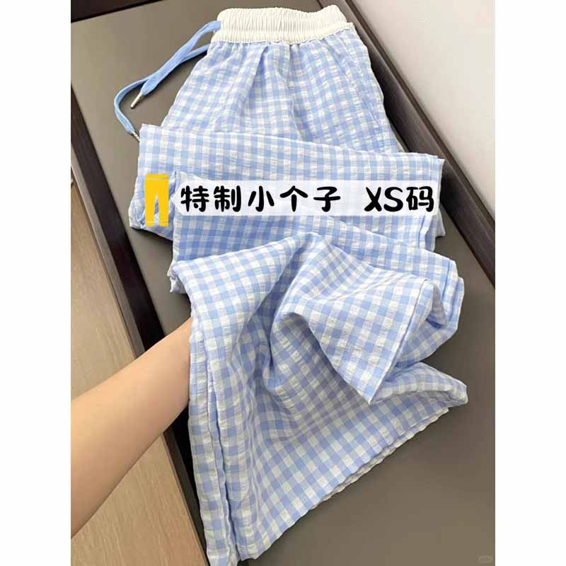 145cm蓝白格子休闲九分裤女夏季