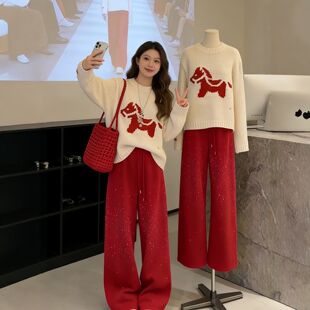 145小个子高级感红色满天星阔腿弯刀裤女150cm春秋百搭镶钻镰刀裤