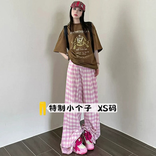 145甜美风粉色格子裤 子女早秋150高腰宽松直筒山本裤 休闲阔腿裤