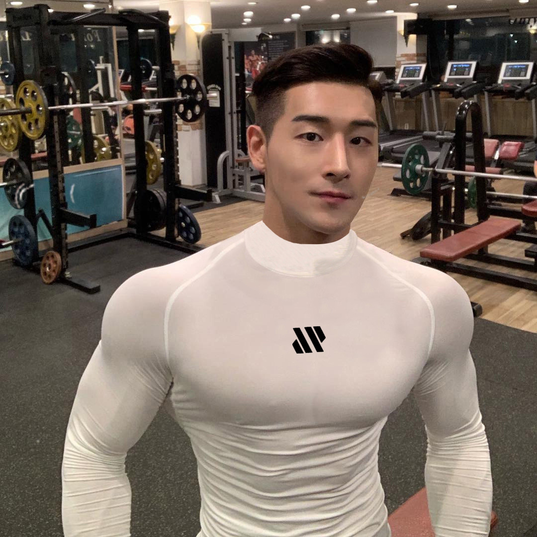 高领运动健身衣长袖男肌肉