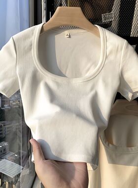 甜辣紧身短袖U领辣妹弹力t恤女夏辣妹内搭露脐打底衫蓝色短款上衣