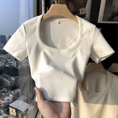 甜辣紧身短袖U领纯棉弹力t恤女