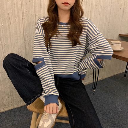 美式复古oversize条纹卫衣女春秋薄款设计感小众港味chic上衣秋冬