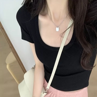 上衣性感露锁骨打底衫 白色U领短袖 辣妹纯棉短款 女修身 弹力t恤夏装