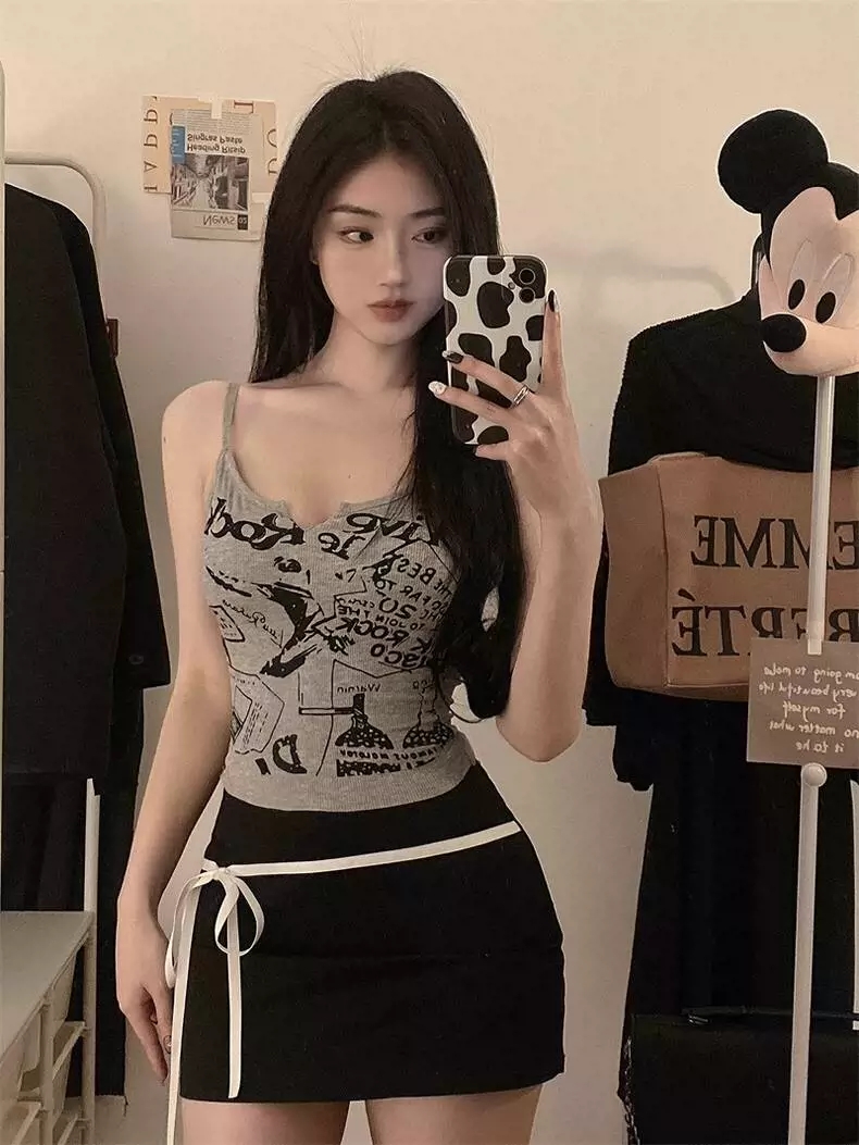 纯棉美式朋克辣妹灰色背心女