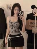 纯棉美式 t恤 外穿修身 朋克辣妹灰色背心女短款 吊带上衣设计感夏季