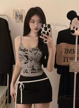辣妹美式朋克辣妹灰色背心女短款吊带上衣设计感夏季外穿修身t恤