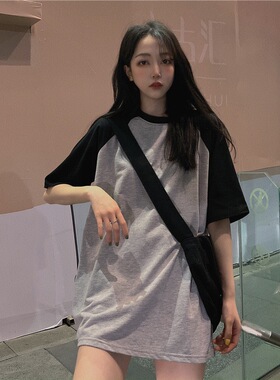 白色短袖t恤女2026新款夏季撞色宽松半袖体恤小个子连衣裙中长款
