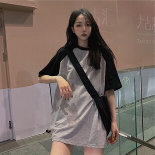 白色短袖t恤女2026新款夏季撞色宽松半袖体恤小个子连衣裙中长款