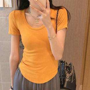 修身 韓版 不規(guī)則下擺U領(lǐng)糖果色彈力T恤女2025年夏季 新款 氣質(zhì)短袖