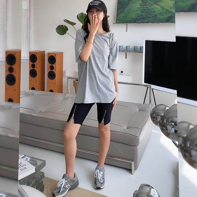黑色骑行开叉拉链紧身短裤大码女装高腰显瘦薄款五分裤夏季休闲裤