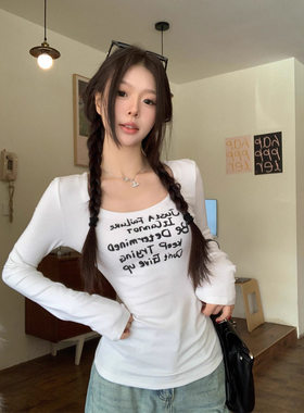 灰色字母印花长袖T恤女秋冬百搭修身打底衫内搭美式复古辣妹上衣