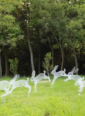 户外不锈钢镂空兔子雕塑园林售楼部草坪铁艺发光动物景观装饰摆件