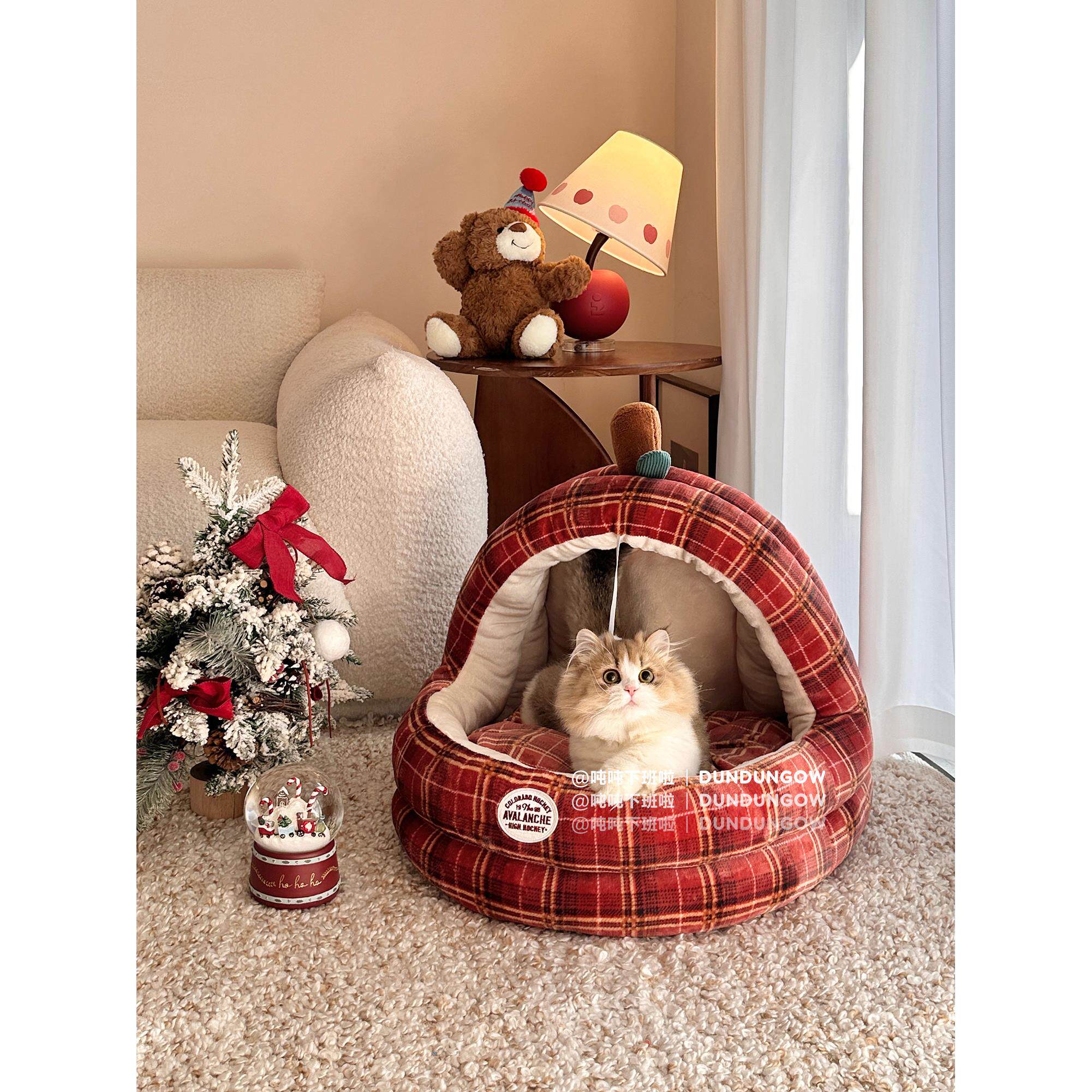DUNDUN圣诞格子宠物窝狗窝猫窝冬天保暖中小型犬封闭式房子别墅