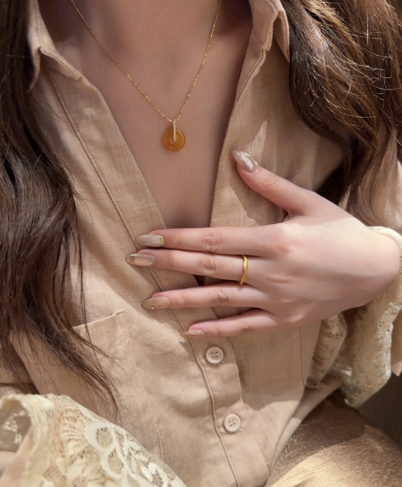 不掉色925银镀金天然黄翡色翡翠平安扣项链女款时尚百搭饰品礼物