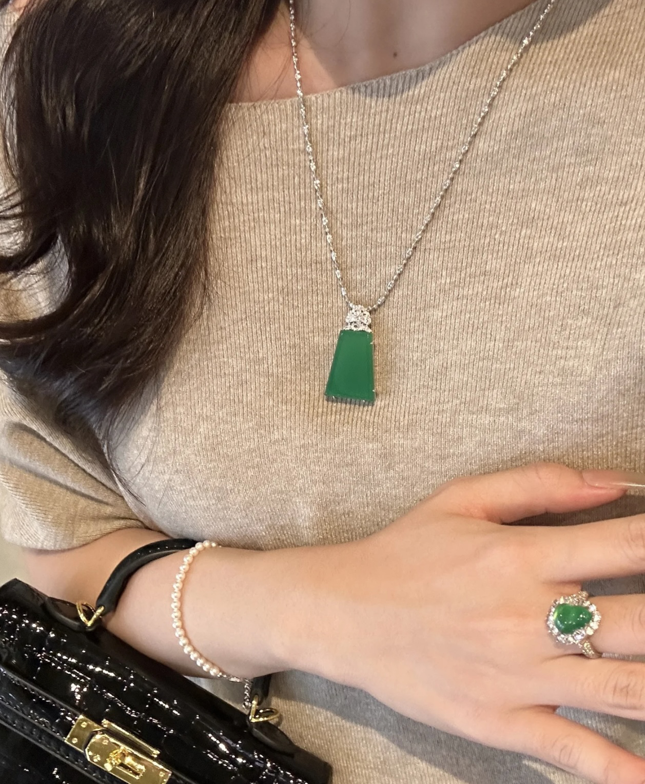 不掉色925纯银镶嵌钻绿玉髓无事牌吊坠百搭项链锁骨链女百搭时尚