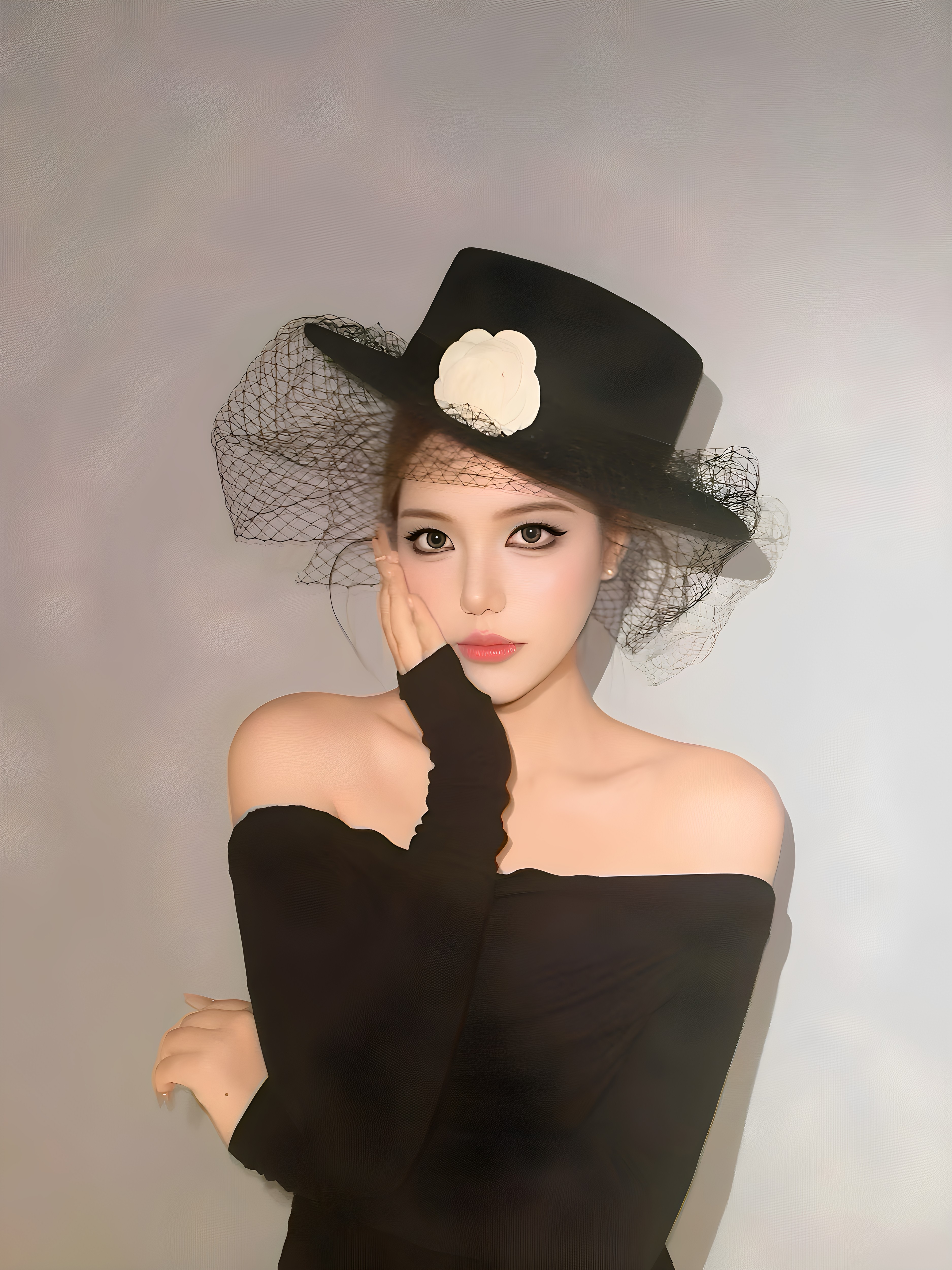 法式复古赫本风花朵遮脸网纱仿毛呢帽子女拍照摄影平顶礼帽秋冬天