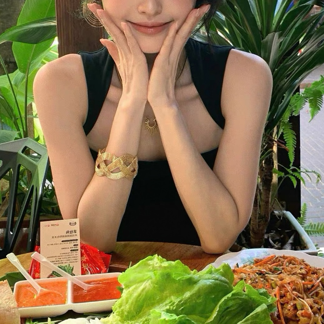 中古vintage金色多层缠绕手镯欧美辣妹风宽边手链小众设计感手饰