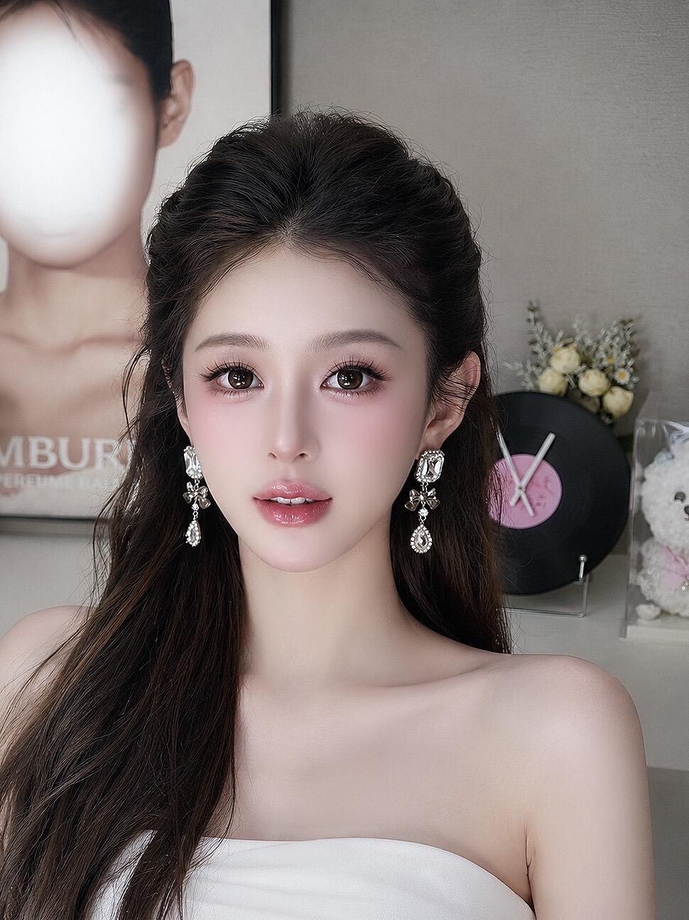 韩式超仙复古蝴蝶结水滴流苏耳环女长款轻奢风镶钻夸张耳坠耳饰