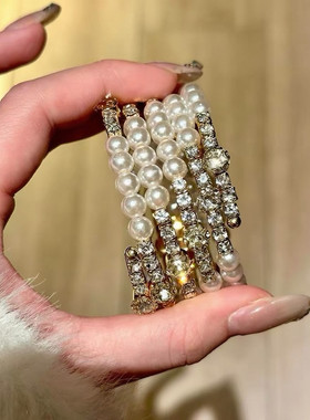 vintage中古珍珠金色手镯女多层宽边叠戴轻奢小众高级感精致手饰